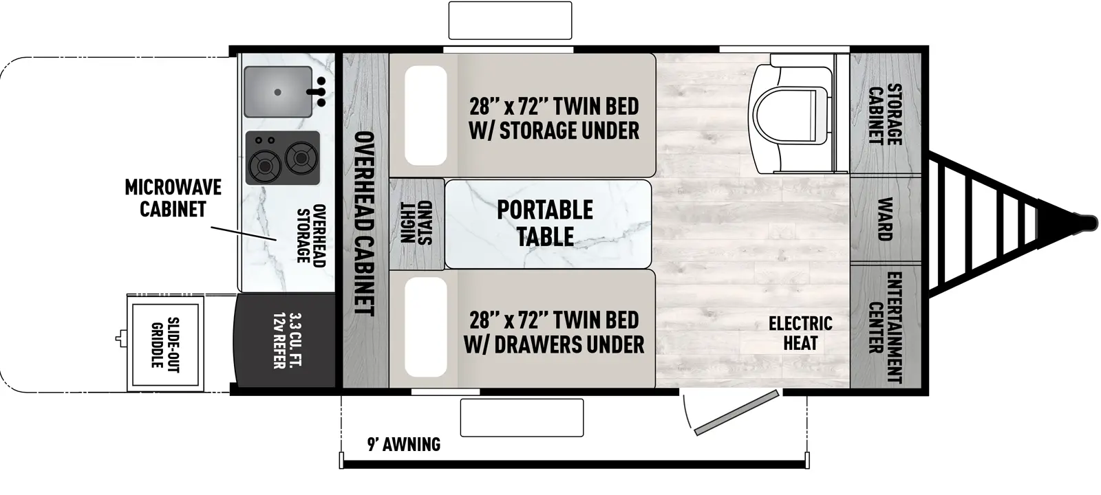 The Viking 9000 Series & 12000 Series 11000ROK floorplan has one entry and zero slide outs. Exterior features include: metal exterior, 9' awning and outside kitchen. 